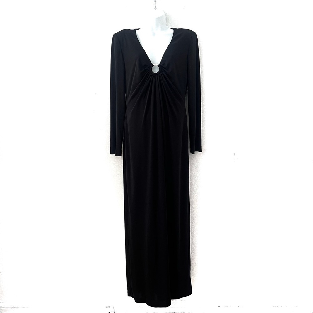 Jessica Howard Black Long Sleeve V Neck Embellished Dress Vintage 90s Minamalist
